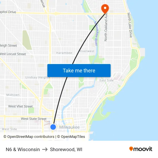 N6 & Wisconsin to Shorewood, WI map