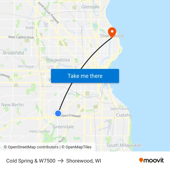 Cold Spring & W7500 to Shorewood, WI map