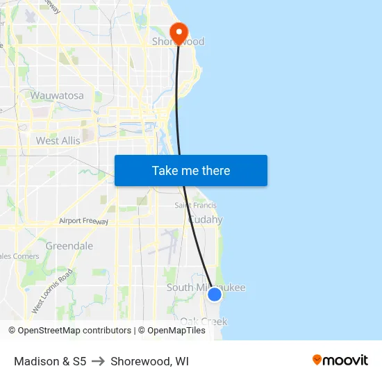 Madison & S5 to Shorewood, WI map
