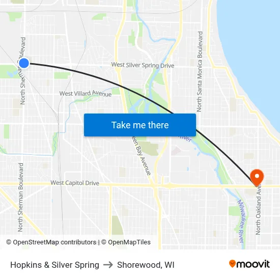 Hopkins & Silver Spring to Shorewood, WI map