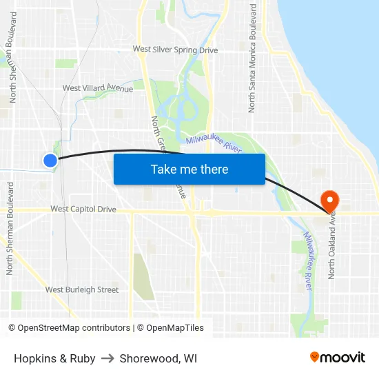 Hopkins & Ruby to Shorewood, WI map