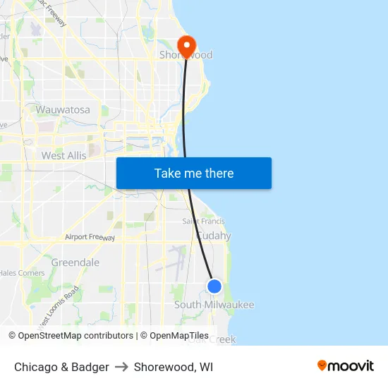 Chicago & Badger to Shorewood, WI map