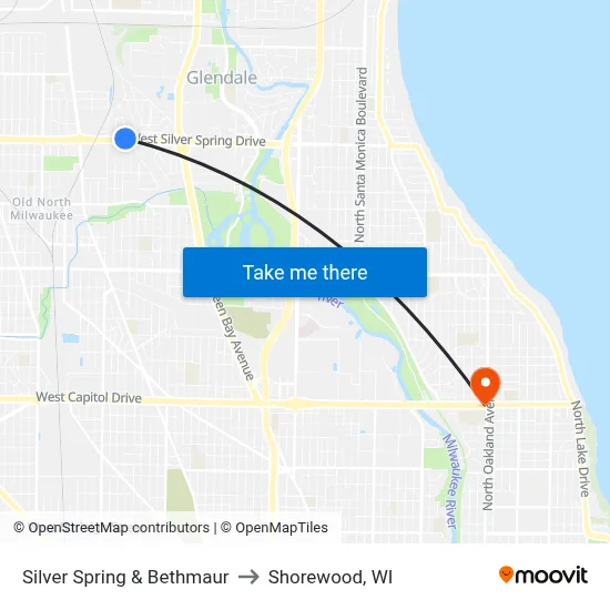 Silver Spring & Bethmaur to Shorewood, WI map