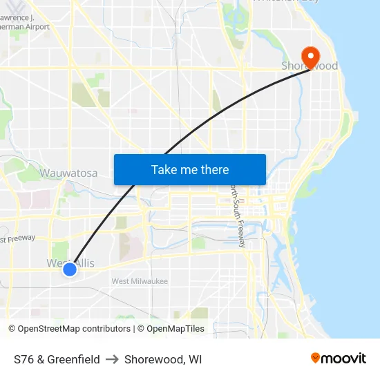S76 & Greenfield to Shorewood, WI map