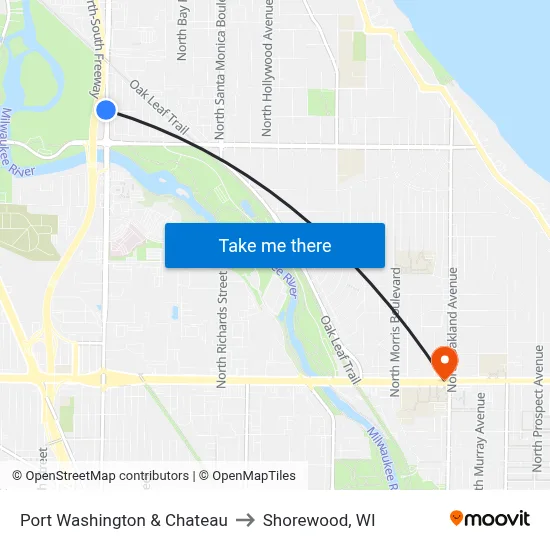 Port Washington & Chateau to Shorewood, WI map
