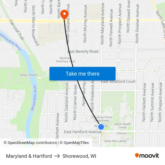 Maryland & Hartford to Shorewood, WI map