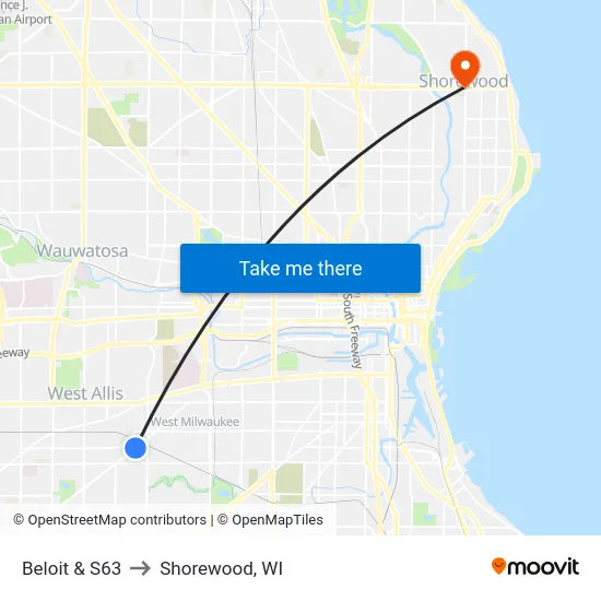 Beloit & S63 to Shorewood, WI map