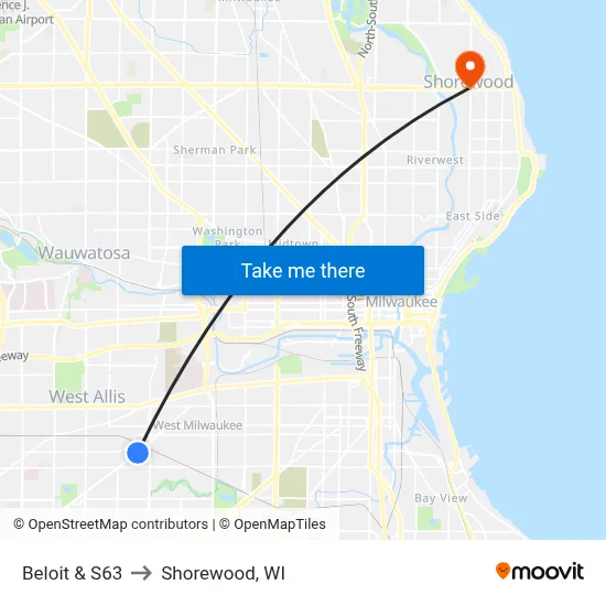 Beloit & S63 to Shorewood, WI map