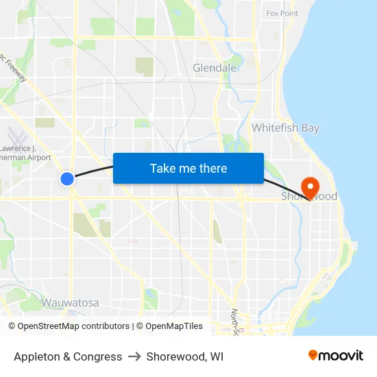 Appleton & Congress to Shorewood, WI map