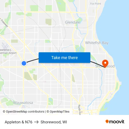 Appleton & N76 to Shorewood, WI map