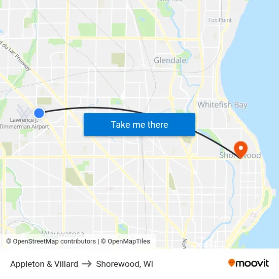 Appleton & Villard to Shorewood, WI map