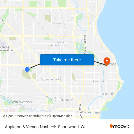 Appleton & Vienna-Nash to Shorewood, WI map