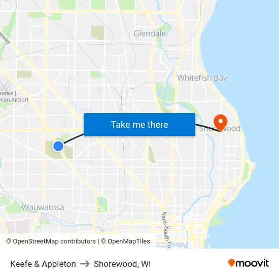 Keefe & Appleton to Shorewood, WI map