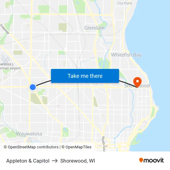 Appleton & Capitol to Shorewood, WI map