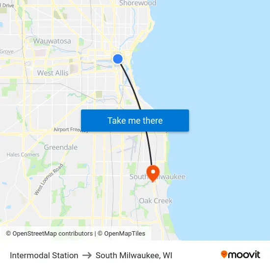 Intermodal Station to South Milwaukee, WI map