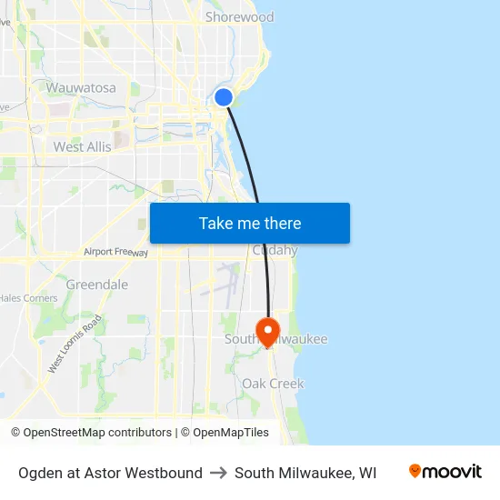 Ogden at Astor Westbound to South Milwaukee, WI map