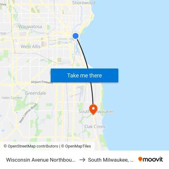 Wisconsin Avenue Northbound to South Milwaukee, WI map
