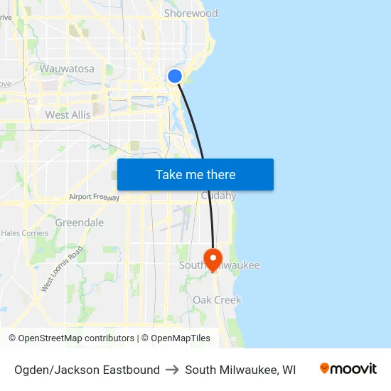 Ogden/Jackson Eastbound to South Milwaukee, WI map