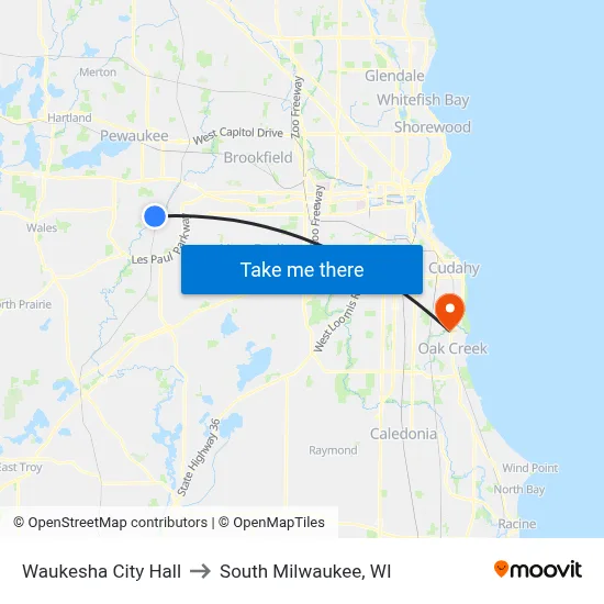 Waukesha City Hall to South Milwaukee, WI map