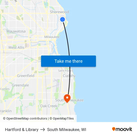 Hartford & Library to South Milwaukee, WI map