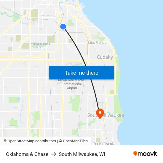 Oklahoma & Chase to South Milwaukee, WI map