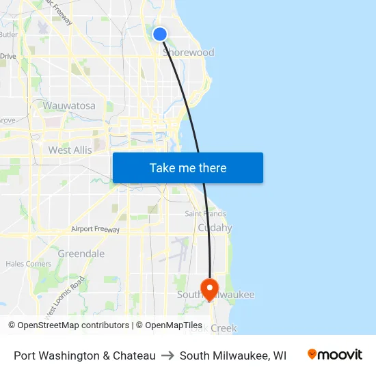 Port Washington & Chateau to South Milwaukee, WI map