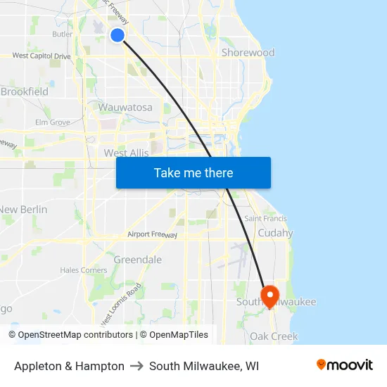 Appleton & Hampton to South Milwaukee, WI map