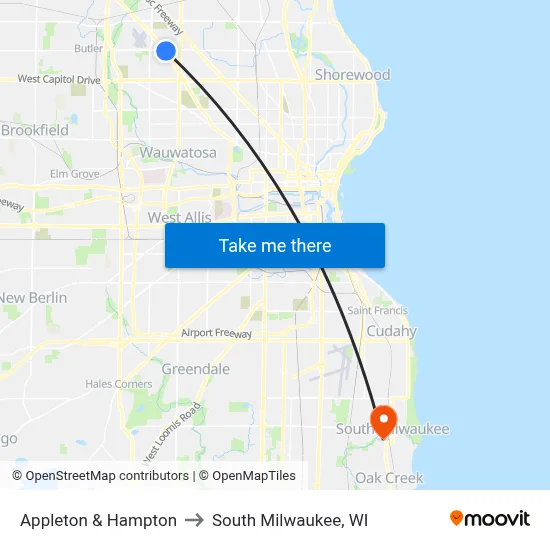 Appleton & Hampton to South Milwaukee, WI map