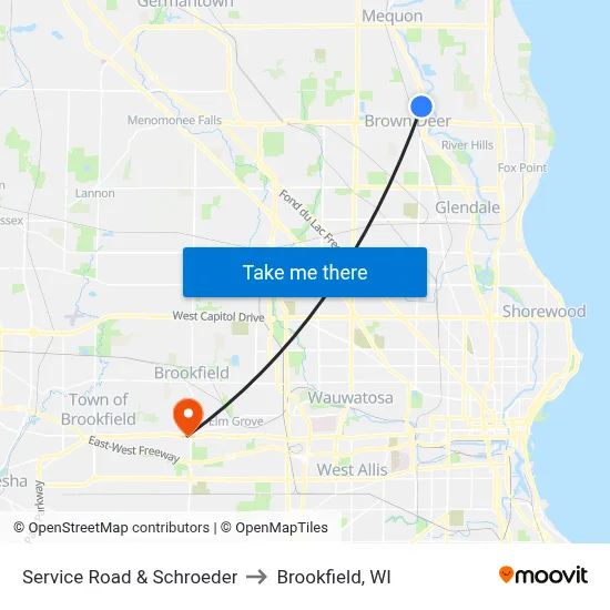 Service Road & Schroeder to Brookfield, WI map