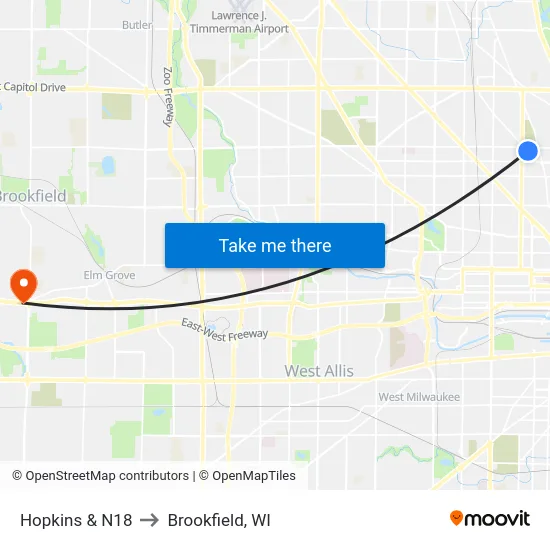 Hopkins & N18 to Brookfield, WI map