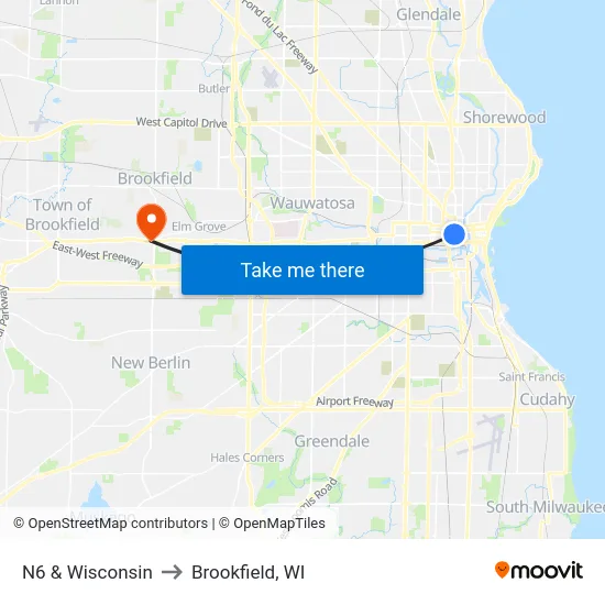 N6 & Wisconsin to Brookfield, WI map