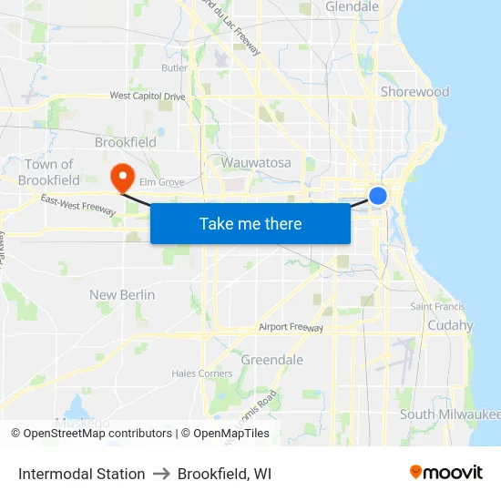 Intermodal Station to Brookfield, WI map