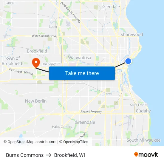 Burns Commons to Brookfield, WI map