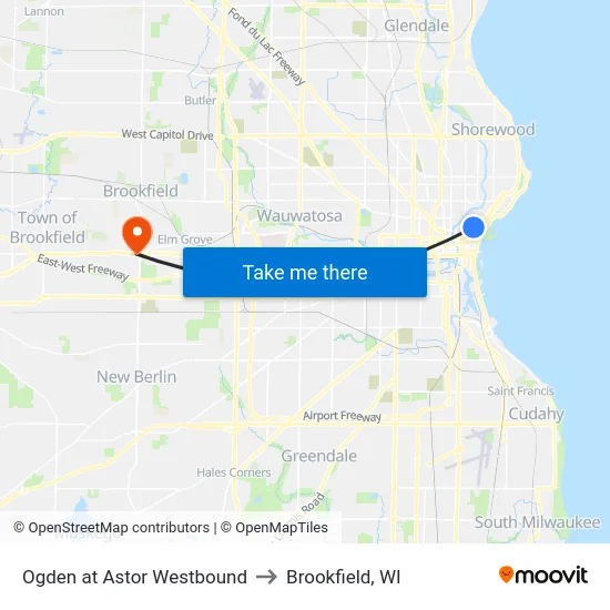 Ogden at Astor Westbound to Brookfield, WI map