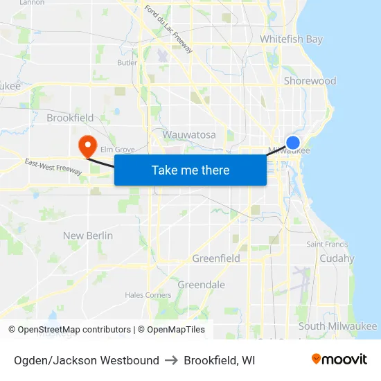 Ogden/Jackson Westbound to Brookfield, WI map