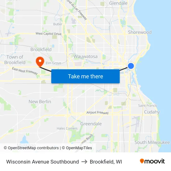 Wisconsin Avenue Southbound to Brookfield, WI map