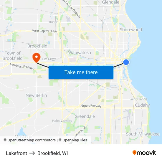Lakefront to Brookfield, WI map