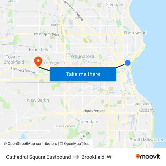 Cathedral Square Eastbound to Brookfield, WI map