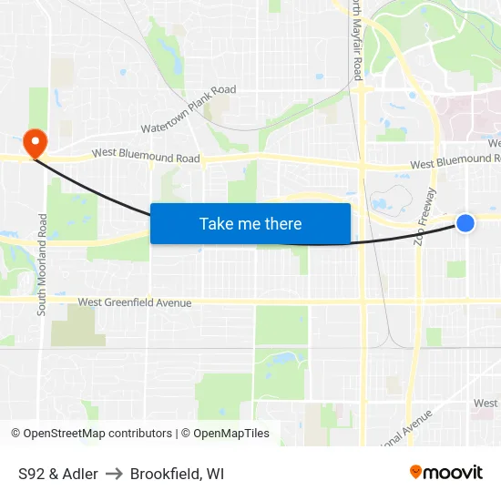 S92 & Adler to Brookfield, WI map