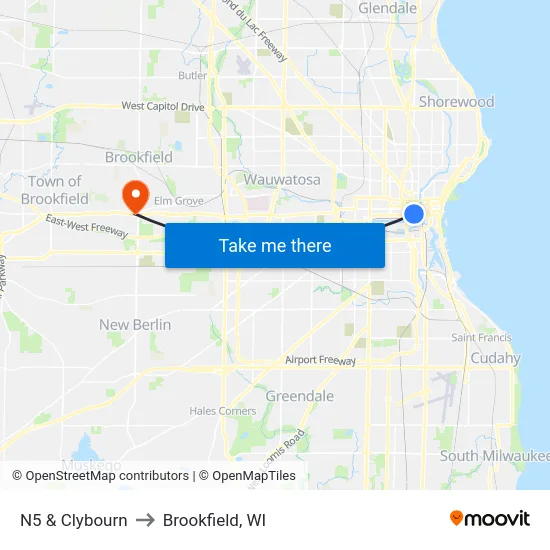 N5 & Clybourn to Brookfield, WI map