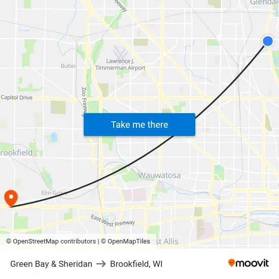 Green Bay & Sheridan to Brookfield, WI map