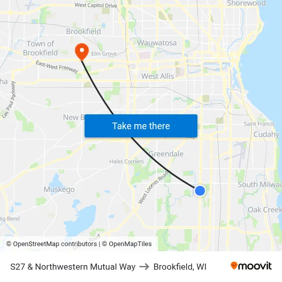 S27 & Northwestern Mutual Way to Brookfield, WI map