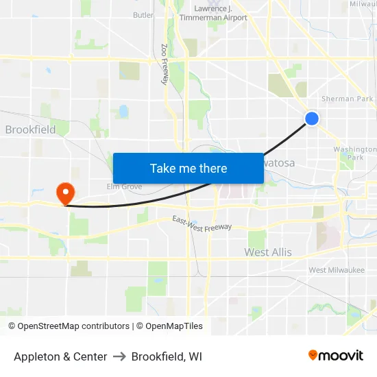 Appleton & Center to Brookfield, WI map