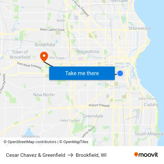 Cesar Chavez & Greenfield to Brookfield, WI map