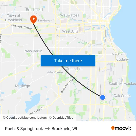 Puetz & Springbrook to Brookfield, WI map