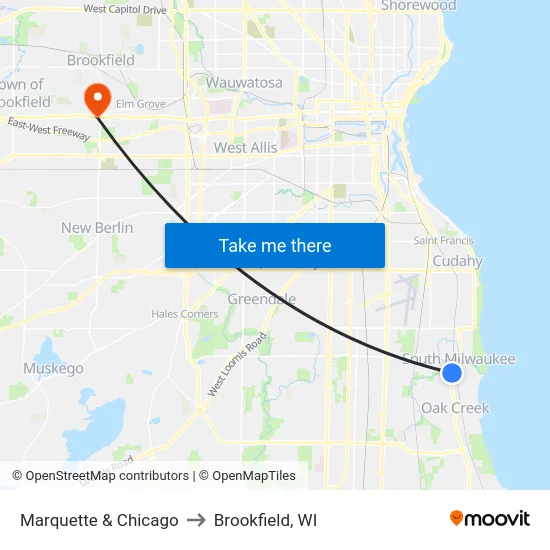 Marquette & Chicago to Brookfield, WI map