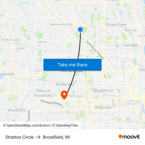 Stratton Circle to Brookfield, WI map