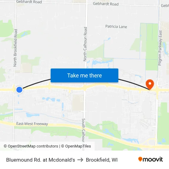 Bluemound Rd. at Mcdonald's to Brookfield, WI map