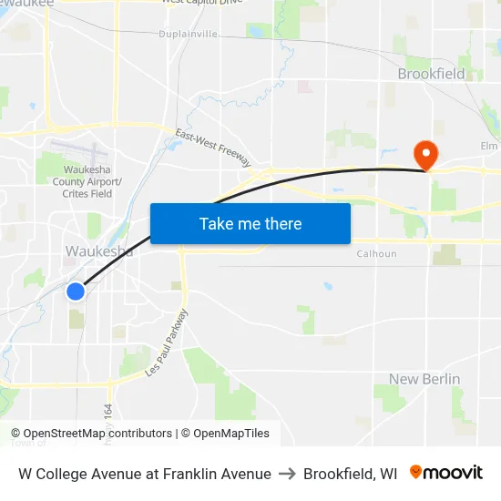 W College Avenue at Franklin Avenue to Brookfield, WI map