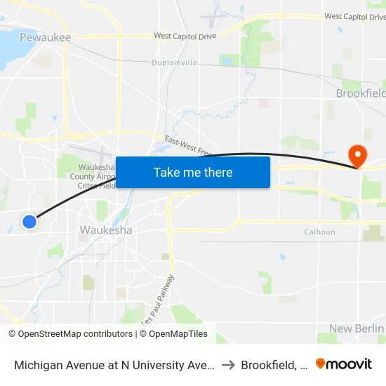 Michigan Avenue at N University Avenue to Brookfield, WI map